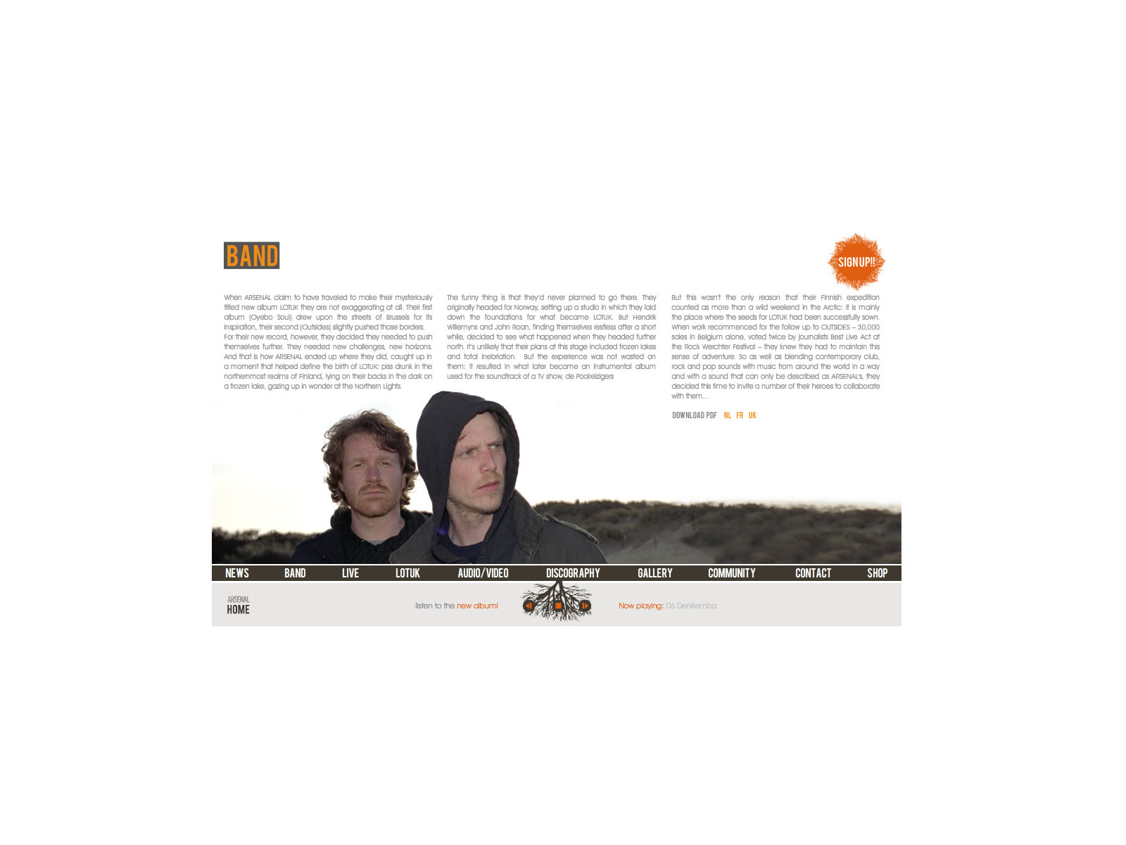 Band bio page for Arsenal, with a photo of members Hendrik Willemyns and John Roan