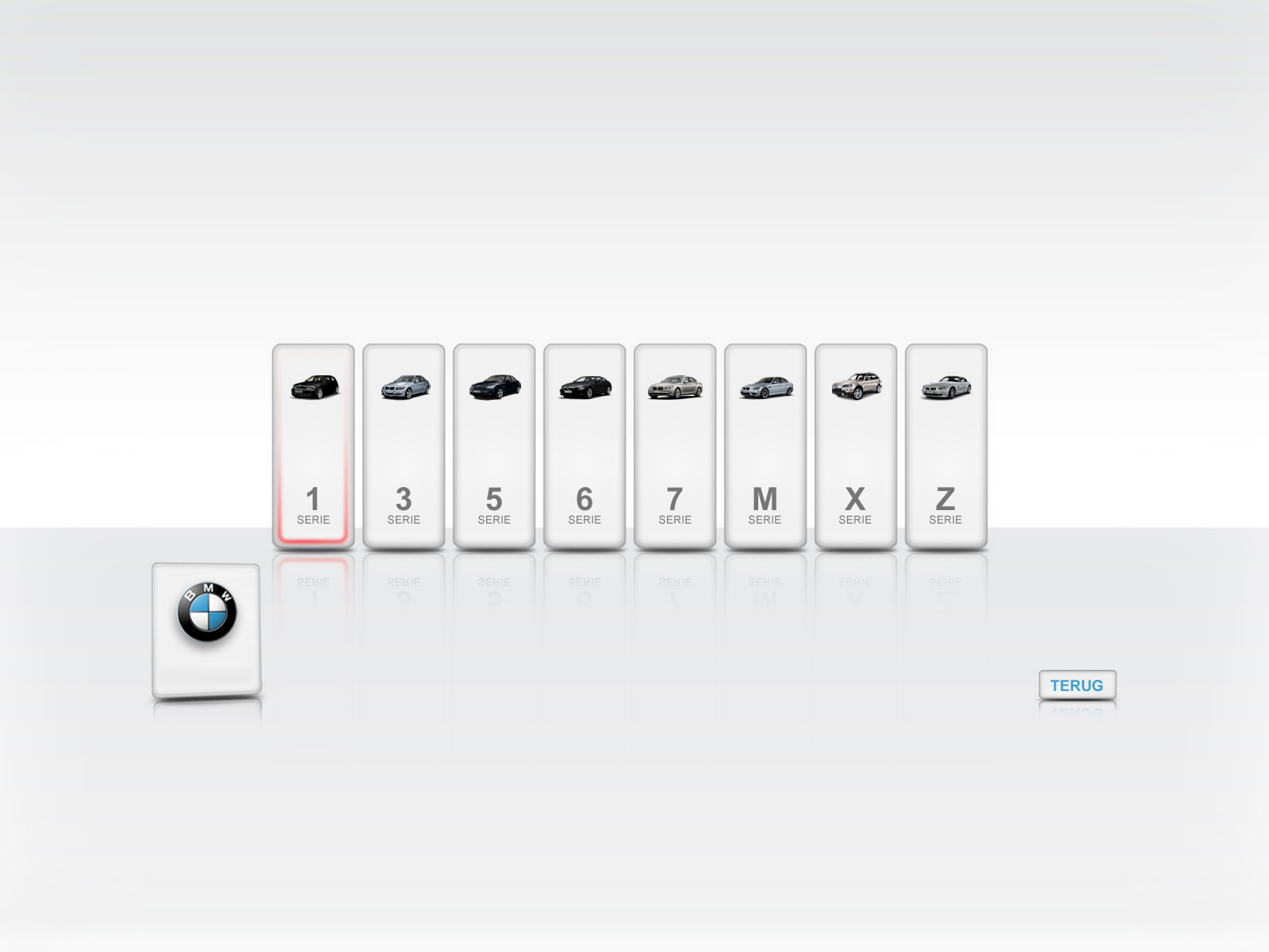 BMW series selector (1/3/5/6/7/M/X/Z) on the touchscreen kiosk