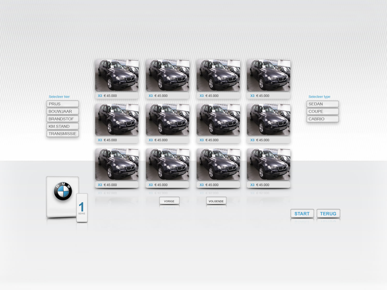 BMW X3 stock listing grid on the touchscreen kiosk