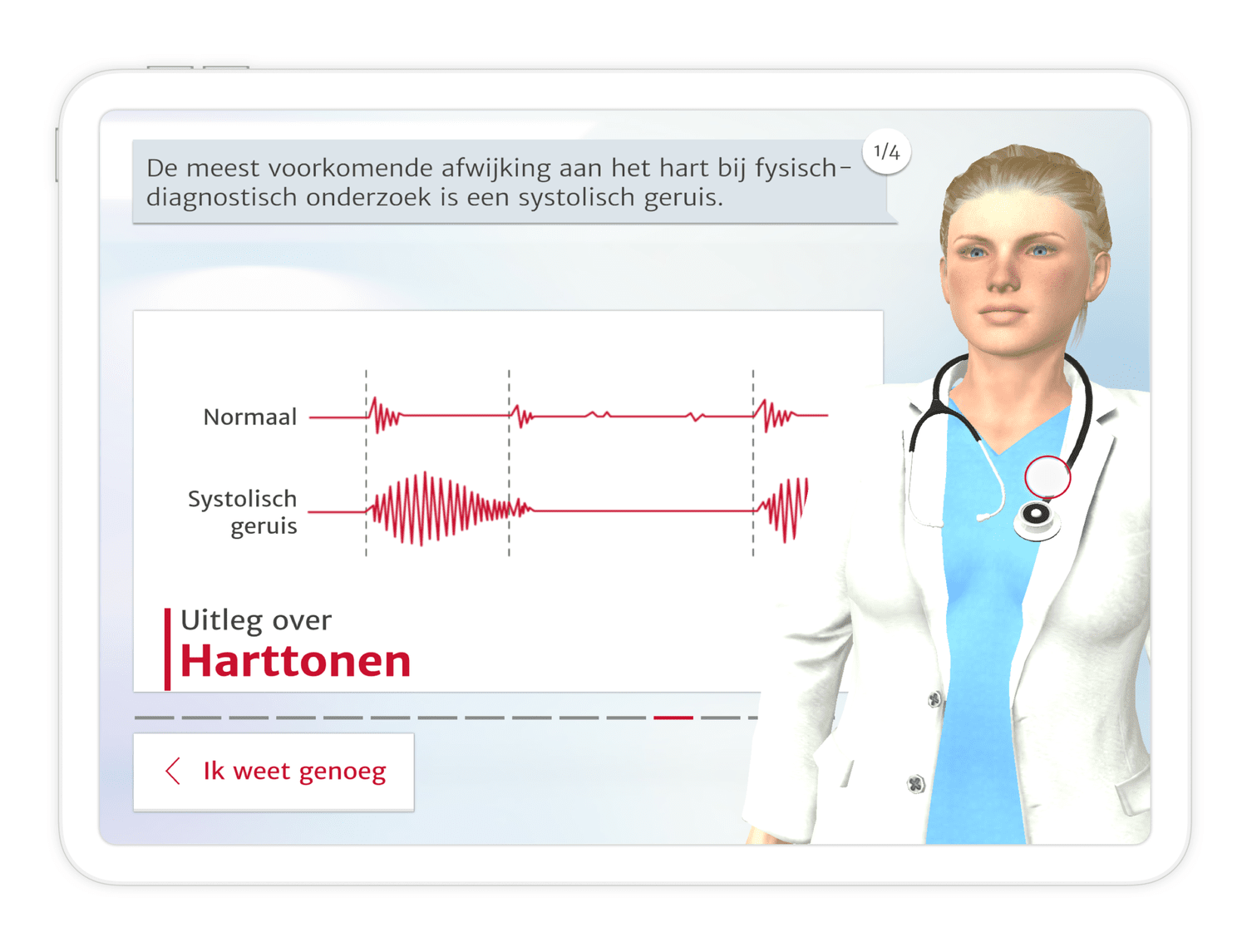 iPad showing a patient case dialogue in the Heart Valve game