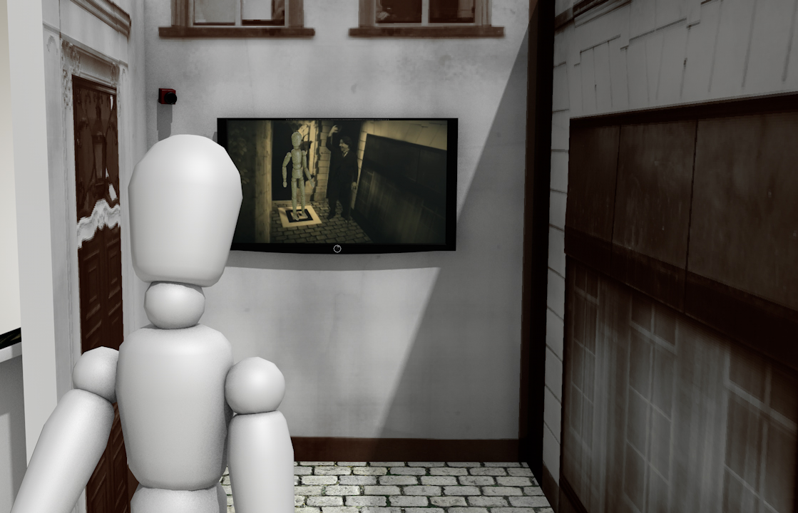 The installation in the museum with visitors watching the screen