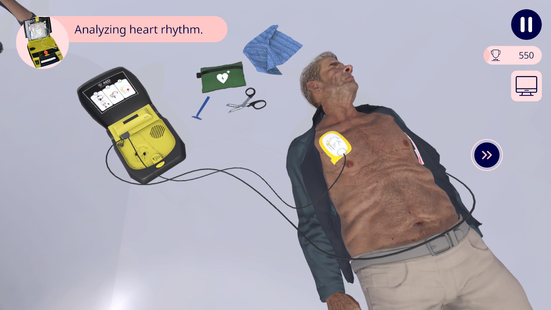 Resuscitation scenario: attaching AED pads to a patient