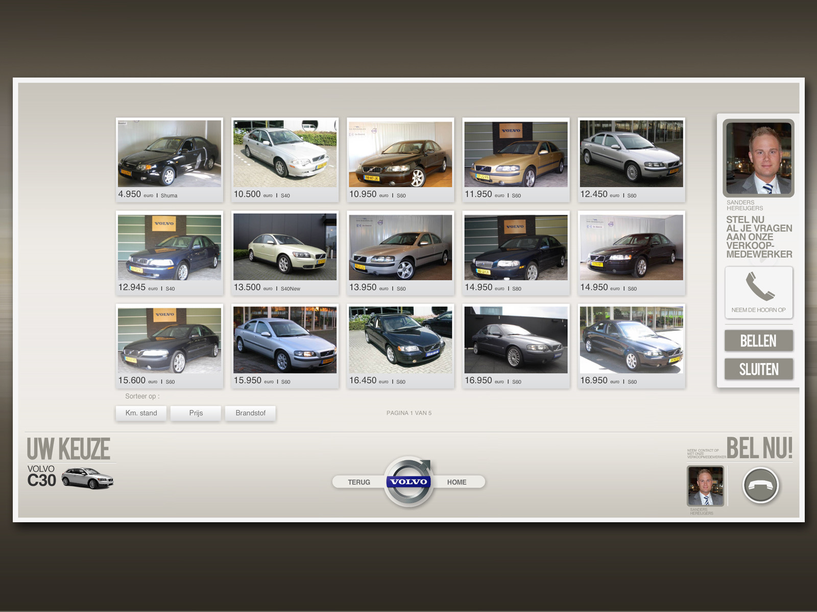 Volvo used-car stock listing grid on the touchscreen kiosk